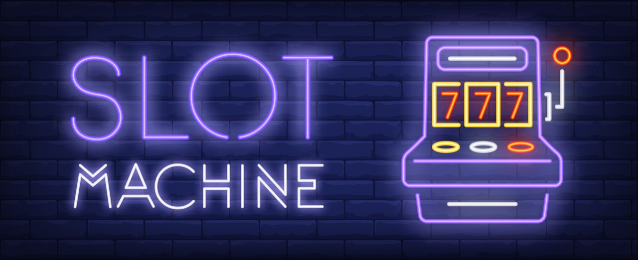 Neon slot machine sign with triple sevens