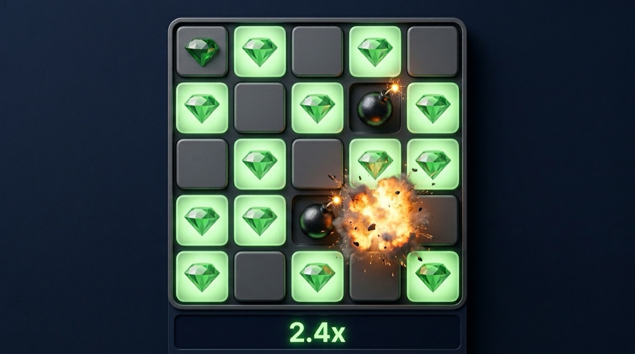 Minesweeper grid game with gems and bombs
